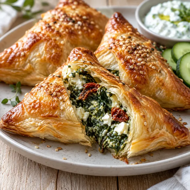 Goldbraune Ofentaschen mit Spinat, Feta und Sesam auf hellem Teller