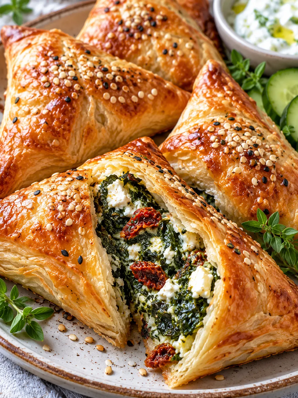 Knusprige Ofentaschen mit sichtbarer Spinat-Feta-Füllung