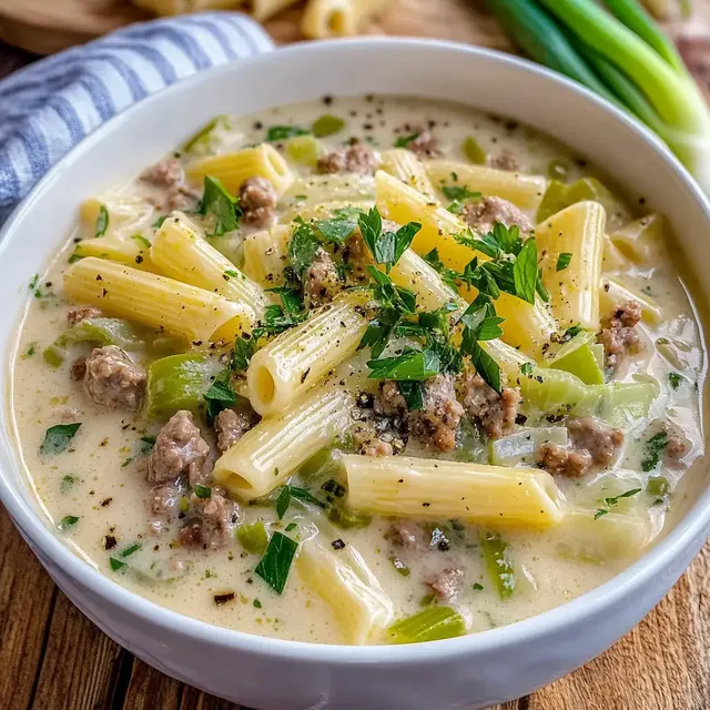 Eine Schüssel mit cremiger Pasta-Suppe, gefüllt mit Rigatoni, Hackfleisch und grünen Paprika, garniert mit frischer Petersilie.