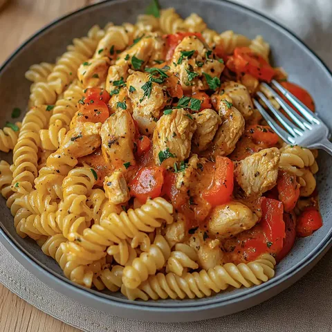 Ein Teller mit spiralförmiger Pasta, gewürzt mit Stückchen von Hähnchenfleisch und Paprika, garniert mit frischen Kräutern.