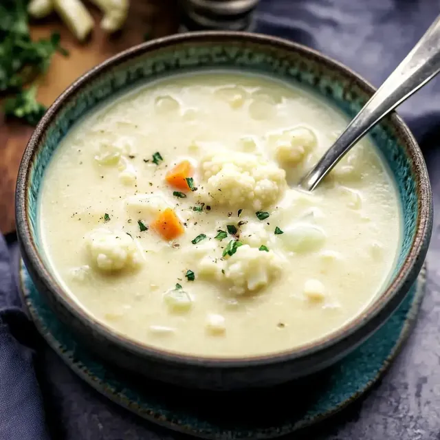 Eine Schüssel mit cremiger Blumenkohlsuppe, garniert mit frischen Kräutern und kleinen Stückchen von Karotten und Blumenkohl.