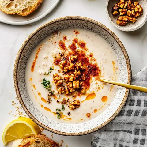 Eine Schüssel mit cremiger Suppe, garniert mit Walnüssen, Gewürzen, Olivenöl und frischen Kräutern, neben einer Zitronenscheibe und Brotscheiben.