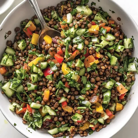 Eine bunte Linsensalat-Mischung mit frischem Gemüse und Kräutern.