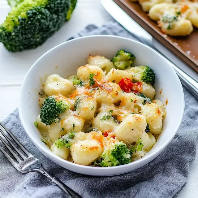 Eine Schüssel mit überbackenen Gnocchi und Brokkoli, garniert mit Käse und frischen Kräutern.