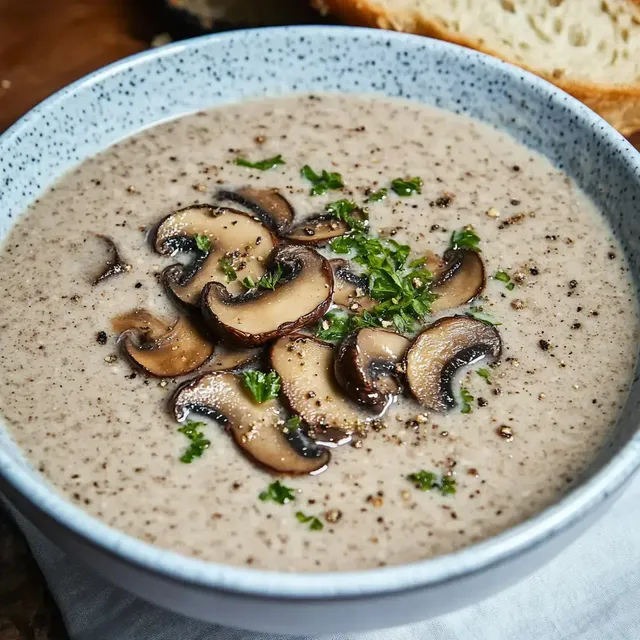 Eine Schüssel cremige Champignon-Suppe mit angebratenen Pilzen und frischen Kräutern, garniert mit Pfeffer.