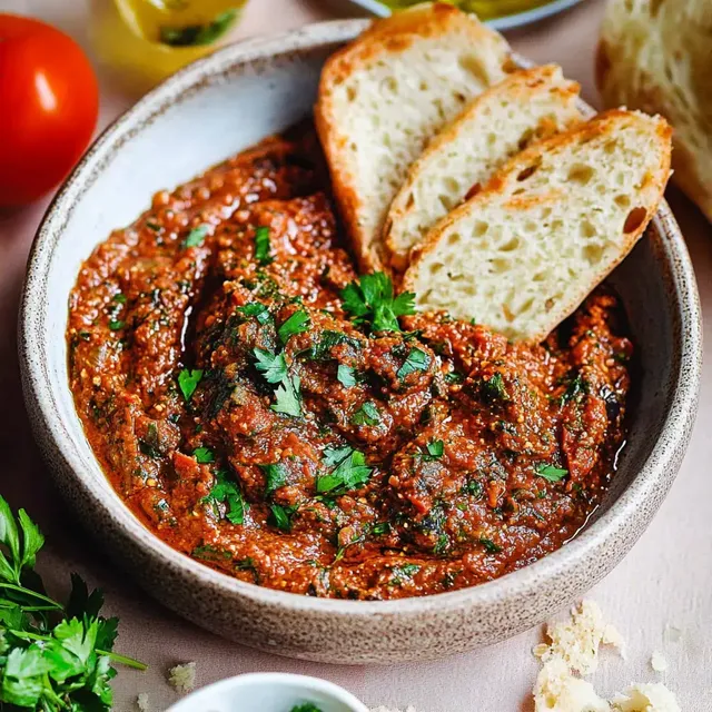 Eine Schüssel mit herzhaftem Tomatendip, garniert mit frischer Petersilie, dazu drei Scheiben Brot und einige Zutaten im Hintergrund.