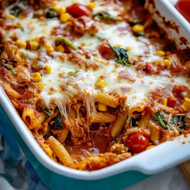 Ein Auflauf mit Pasta, Tomatensauce, Gemüse und geschmolzenem Käse.