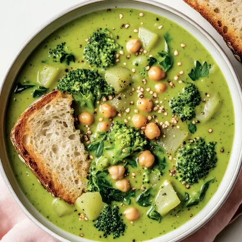 Eine Schüssel mit grüner Gemüsesuppe, die Brokkoli, Kartoffeln, Kichererbsen und einen Stück geröstetes Brot enthält.