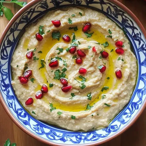 Ein schöner Teller Hummus, garniert mit Granatapfelkernen, frischer Petersilie und Olivenöl, auf einem dekorativen Geschirr.