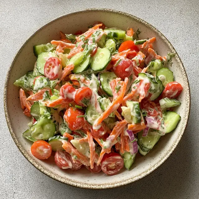 Ein bunter Salat aus Tomaten, Gurken, Karotten und Zwiebeln, überzogen mit einer cremigen Sauce.