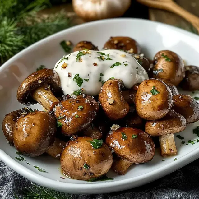 Ein Teller mit in Butter gebratenen Champignons, garniert mit frischer Petersilie und einem Klecks Sahne.