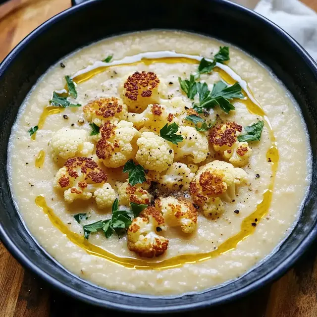 Eine Schüssel mit cremiger Blumenkohlsuppe, garniert mit gerösteten Blumenkohlröschen, frischer Petersilie und einem Schuss Olivenöl.