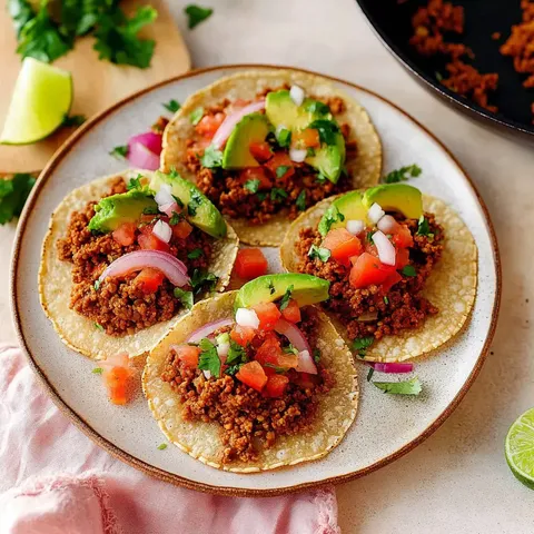 Ein Teller mit mehreren Tacos, gefüllt mit gewürztem Fleisch, frischen Tomaten, Avocado, Zwiebeln und Koriander.