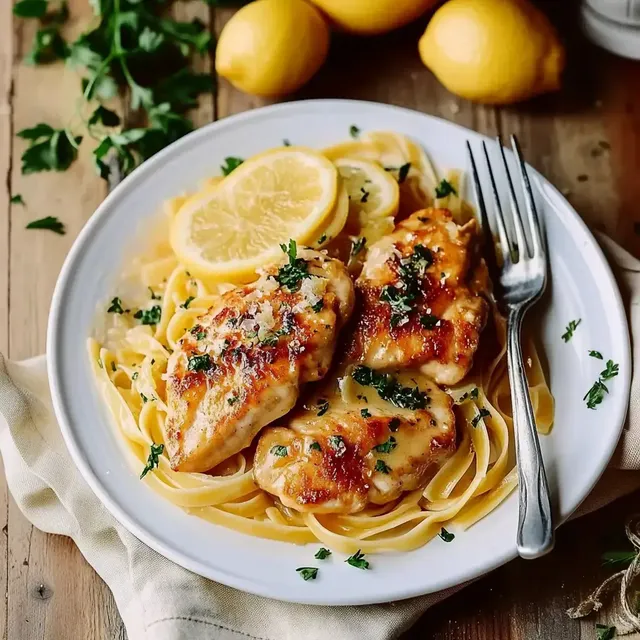 Ein Teller mit gebratenem Huhn auf Fettuccine, garniert mit Zitronenscheiben und frischer Petersilie.