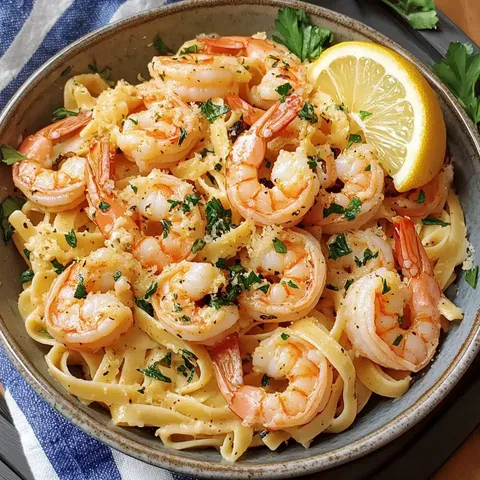 Ein Teller mit Linguine-Pasta, garniert mit gebratenen Garnelen, frischer Petersilie und einer Zitronenscheibe.