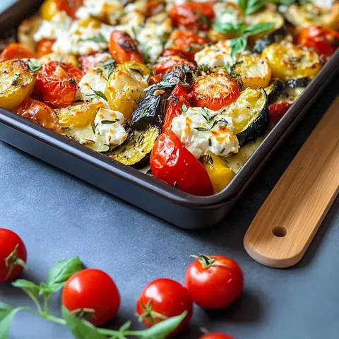 Ein Blech mit gebackenem Gemüse, darunter Tomaten, Zucchini und Paprika, garniert mit Käse und frischen Kräutern.