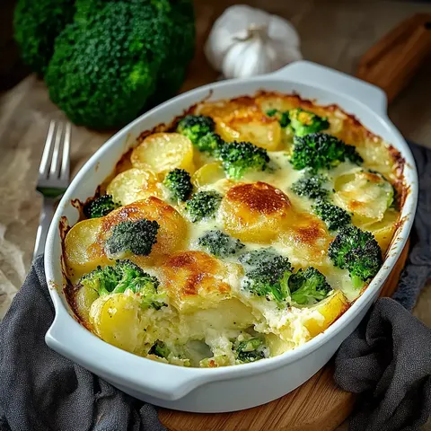 Ein Auflauf aus Kartoffeln und Brokkoli, bedeckt mit geschmolzenem Käse, präsentiert sich in einer weißen Auflaufform.