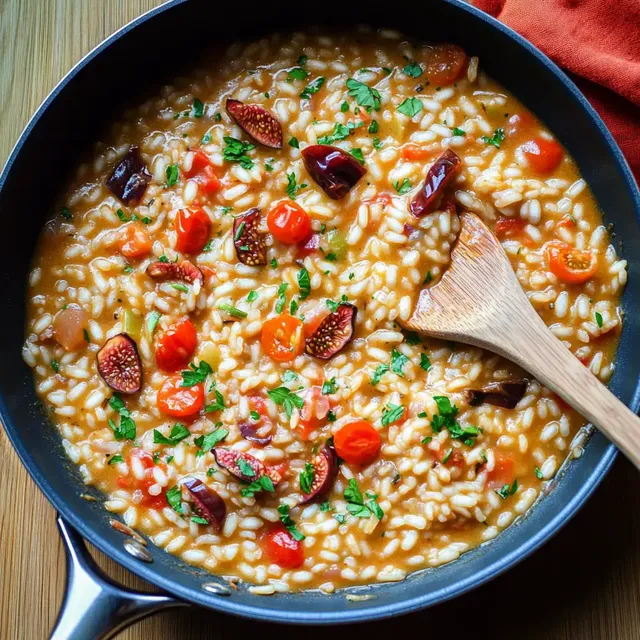 Ein Topf mit Risotto, garniert mit Kirschtomaten und frischen Kräutern, steht auf einer Holzoberfläche.