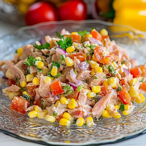Ein bunter Salat mit Thunfisch, Mais, Tomaten, Zwiebeln und frischen Kräutern auf einem eleganten Teller.