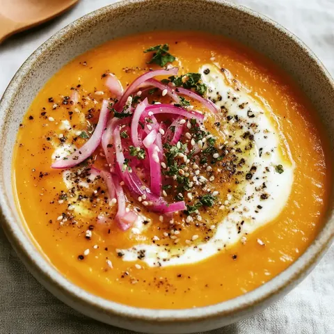 Eine cremige Karottensuppe, garniert mit roten Zwiebeln, Kräutern, Sesam und einem Klecks Sahne.