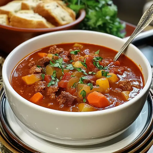 Eine Schüssel mit herzhafter Fleisch-Gemüsesuppe, garniert mit frischem Koriander, steht auf einem Tisch neben einer Brotschüssel.