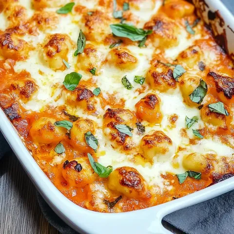 Ein Auflauf aus Gnocchi mit Tomatensauce, geschmolzenem Käse und frischen Kräutern.