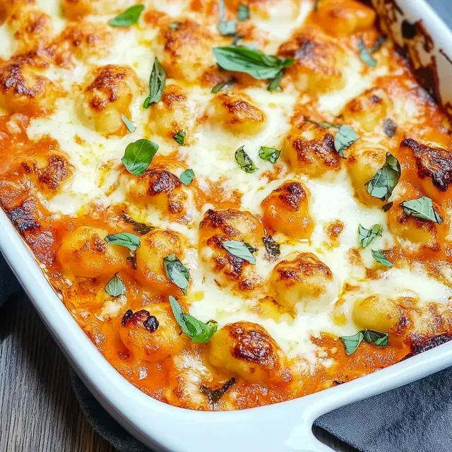 Ein Auflauf aus Gnocchi mit Tomatensauce, geschmolzenem Käse und frischen Kräutern.