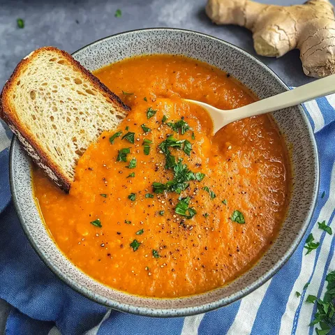 Eine Schüssel mit pürierter Karottensuppe, garniert mit frischer Petersilie und einem Stück geröstetem Brot, neben frischem Ingwer.