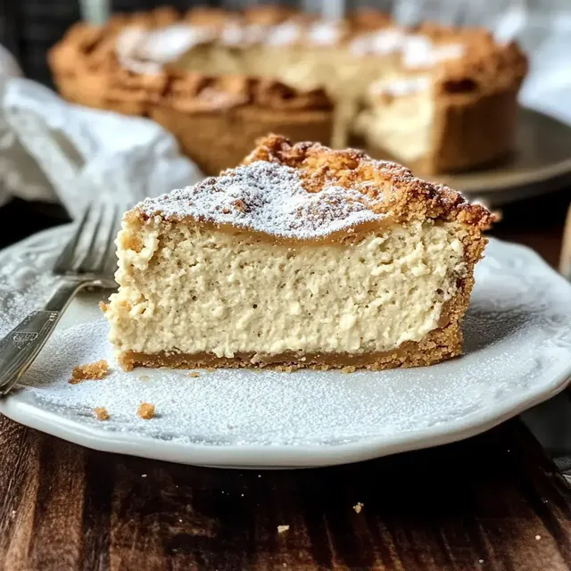 Ein Stück Käsekuchen mit Puderzucker auf einem Teller, im Hintergrund ist die restliche Torte sichtbar.