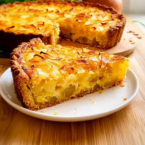 Ein Stück einer goldbraunen Obsttorte mit knusprigem Rand auf einem weißen Teller, während die gesamte Torte daneben auf einem Holzbrett zu sehen ist.