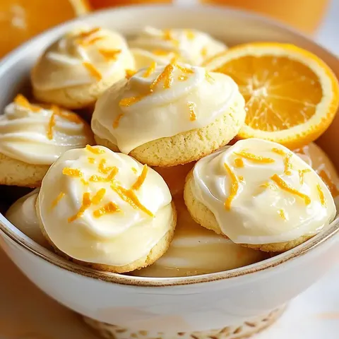 Eine Schüssel mit frisch gebackenen orangefarbenen Keksen, die mit einer cremigen Glasur und geraspelter Orangenschale dekoriert sind.
