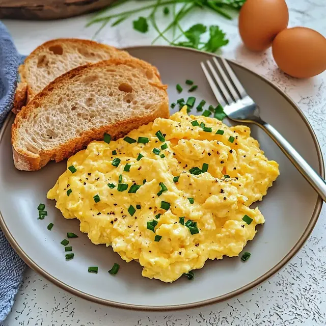 Ein Teller Rührei mit Schnittlauch und zwei Scheiben Brot, daneben befinden sich zwei rohe Eier.