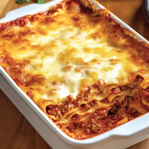 Eine warme Lasagne mit geschmolzenem Käse und Fleischfüllung in einer weißen Auflaufform.