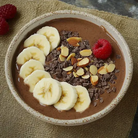 Eine Schüssel mit Schokoladenpudding, garniert mit Bananenscheiben, Schokoladenstückchen, Mandelsplittern und einer Himbeere.
