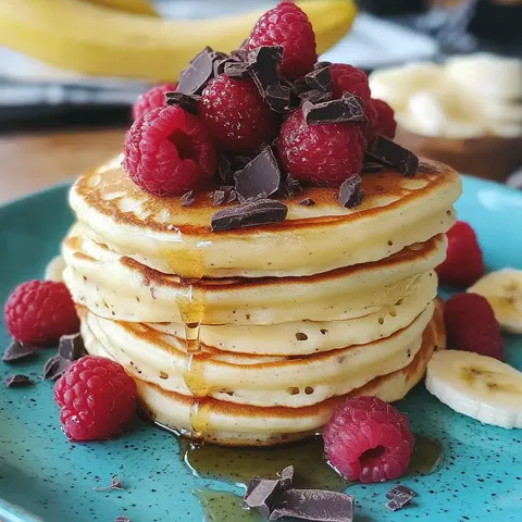 Ein Stapel fluffiger Pfannkuchen, garniert mit frischen Himbeeren, Schokoladensplittern und Sirup, liegt auf einem blauen Teller.