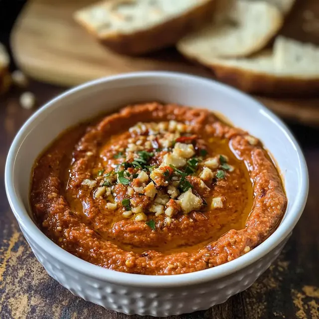 Eine Schüssel mit würziger roter Creme, garniert mit gehackten Nüssen und frischen Kräutern, steht neben einem Holzbrett mit Brotscheiben.