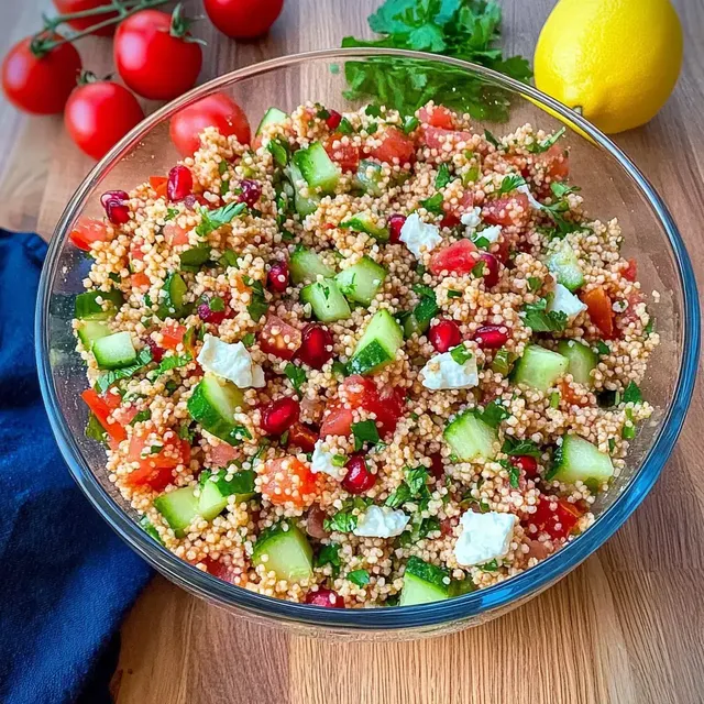 Eine bunte Schüssel mit Quinoa-Salat, die mit Gurken, Tomaten, Granatapfelkernen, Kräutern und Feta dekoriert ist, während einige Kirschtomaten und eine Zitrone im Hintergrund liegen.