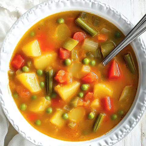 Ein Teller bunte Gemüsesuppe mit Kartoffeln, Karotten, Erbsen und Sellerie.