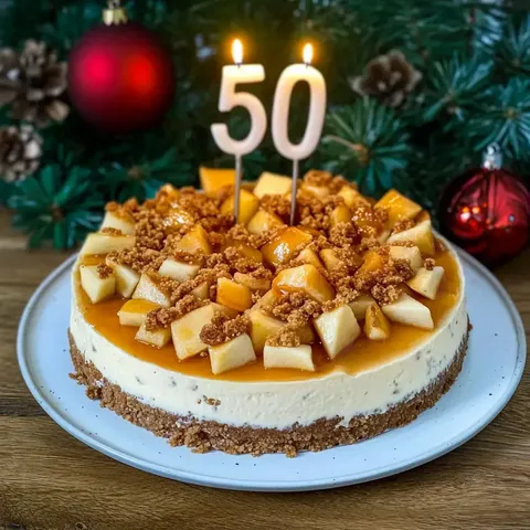 Ein köstlicher Käsekuchen mit Apfelstücken und Karamell, dekoriert mit einer "50"-Kerze, vor festlichem Hintergrund.