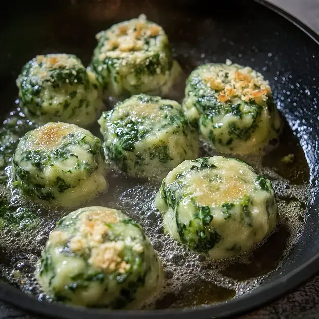 In einer Pfanne braten sich grüne Spinatknödel in einer goldbraunen Flüssigkeit.