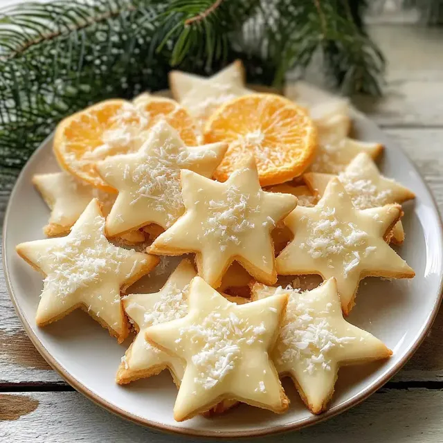 Ein Teller mit sternförmigen Keksen, die mit einer weißen Glasur und Kokosraspeln dekoriert sind, zusammen mit getrockneten Orangenscheiben und Tannenzweigen im Hintergrund.