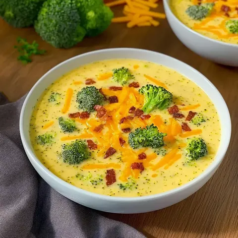 Eine cremige Brokkoli-Käse-Suppe mit Bacon-Stücken und geriebenem Käse, serviert in einer weißen Schüssel.
