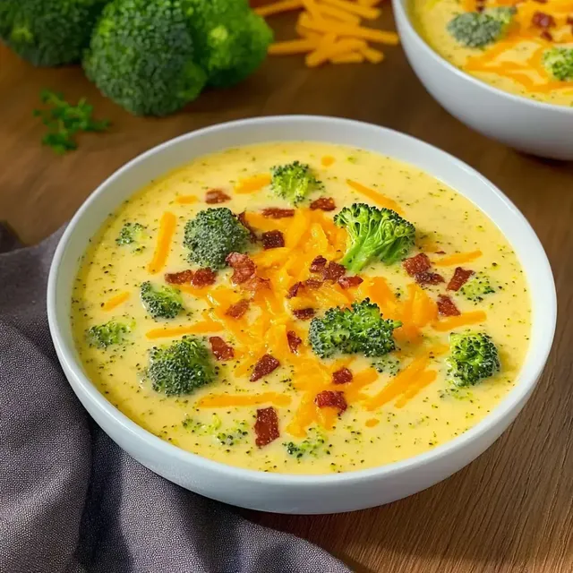 Eine cremige Brokkoli-Käse-Suppe mit Bacon-Stücken und geriebenem Käse, serviert in einer weißen Schüssel.