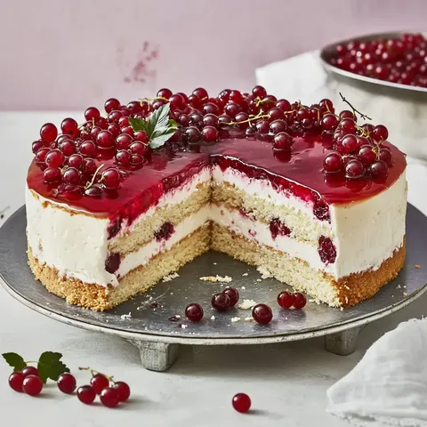 Eine fruchtige Sahnetorte mit rotem Fruchtgelee und Johannisbeeren, von der ein Stück entnommen wurde.