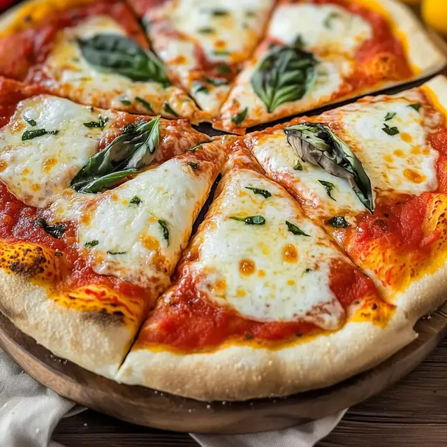 Eine frisch gebackene Pizza mit Mozzarella, Tomatensauce und frischem Basilikum, in sechs Stücke geschnitten.
