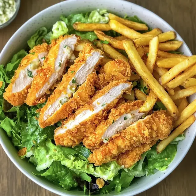 Ein Teller mit frittiertem Hähnchen auf einem Bett aus grünem Salat, garniert mit Pommes.