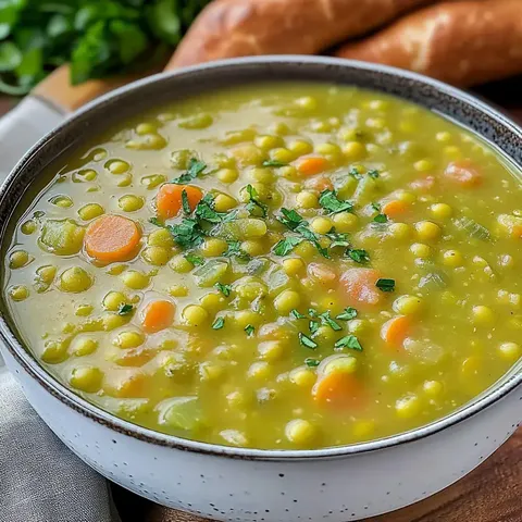 Eine Schüssel mit grünem Erbsensuppe, verziert mit frischen Kräutern und umgeben von Brezeln im Hintergrund.