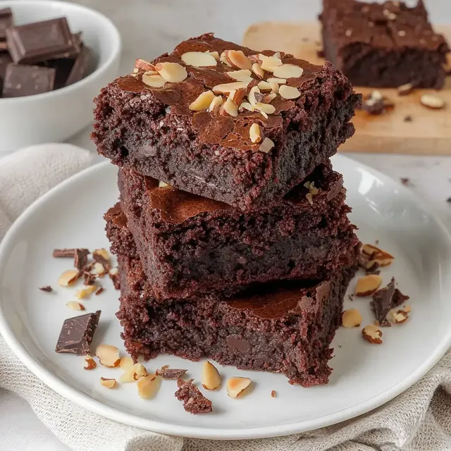 Drei üppige Schokoladenbrownies, garniert mit gehobelten Mandeln, auf einem weißen Teller.