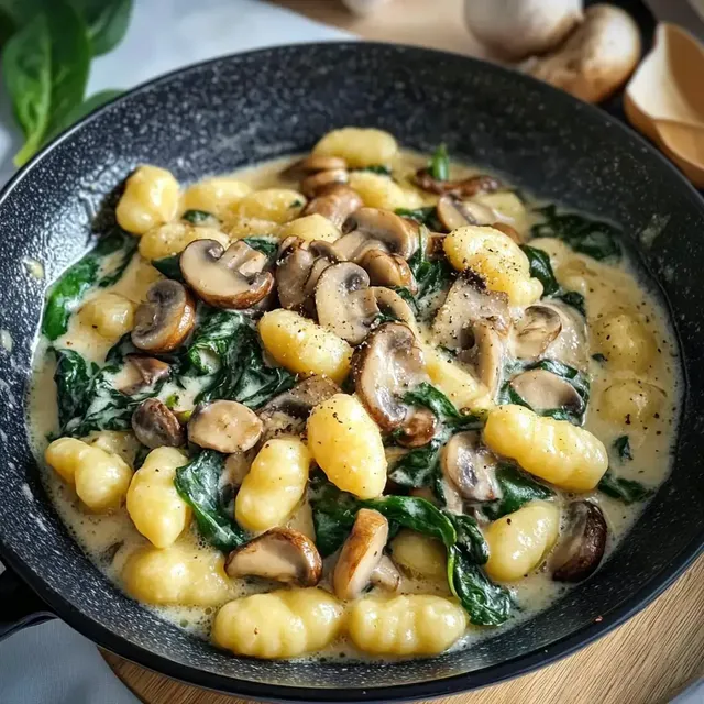 Ein Teller mit Gnocchi in einer cremigen Sauce, verfeinert mit Pilzen und Spinat.