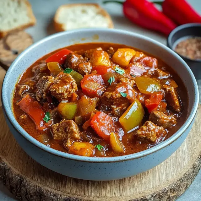 Ein tiefes Schüsselchen mit würzigem Eintopf, gefüllt mit Fleisch, buntem Gemüse und frischen Kräutern, umgeben von Brot und roten Paprika.